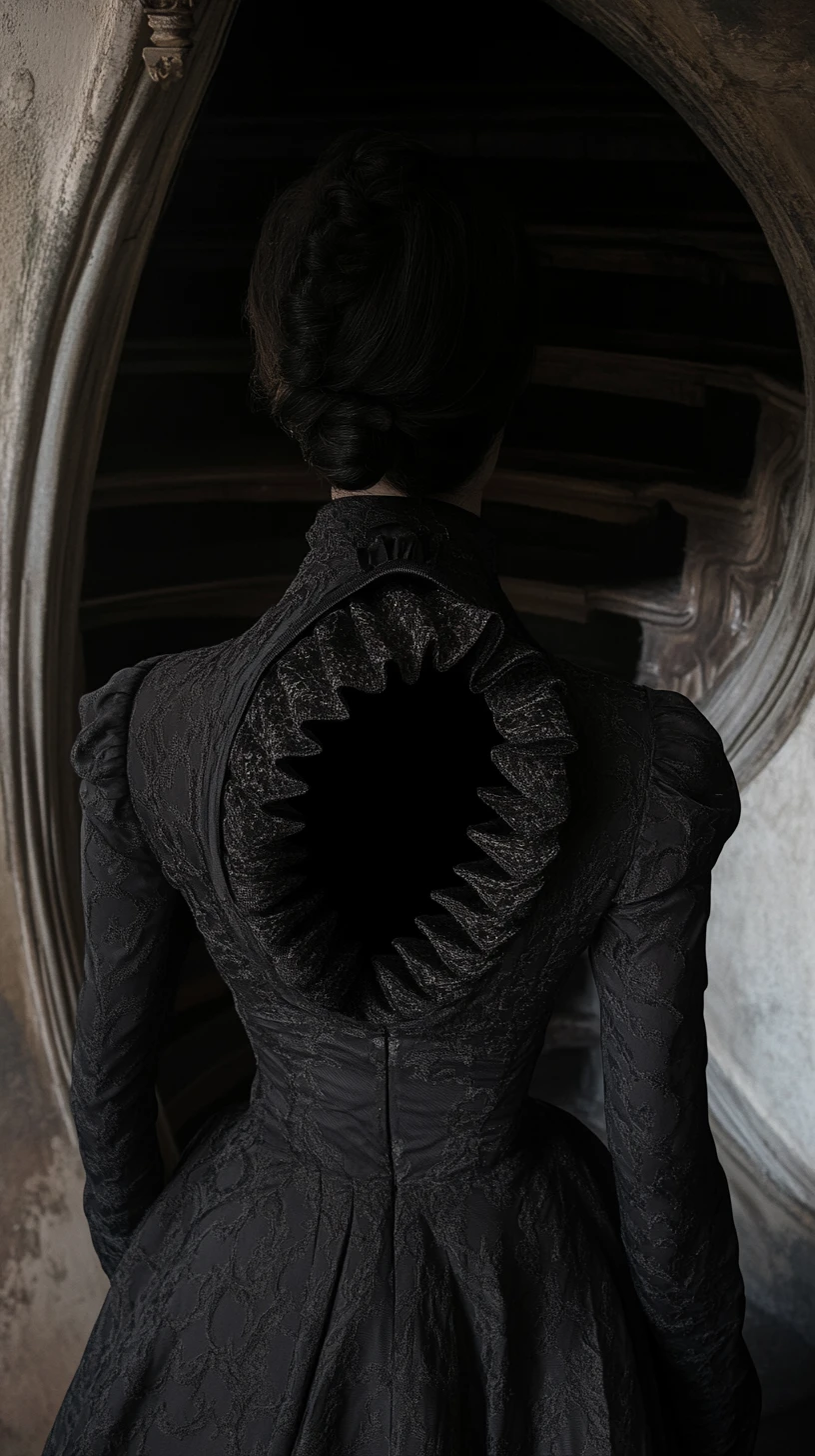 Surreal couture figure with stairway hidden in collarbone