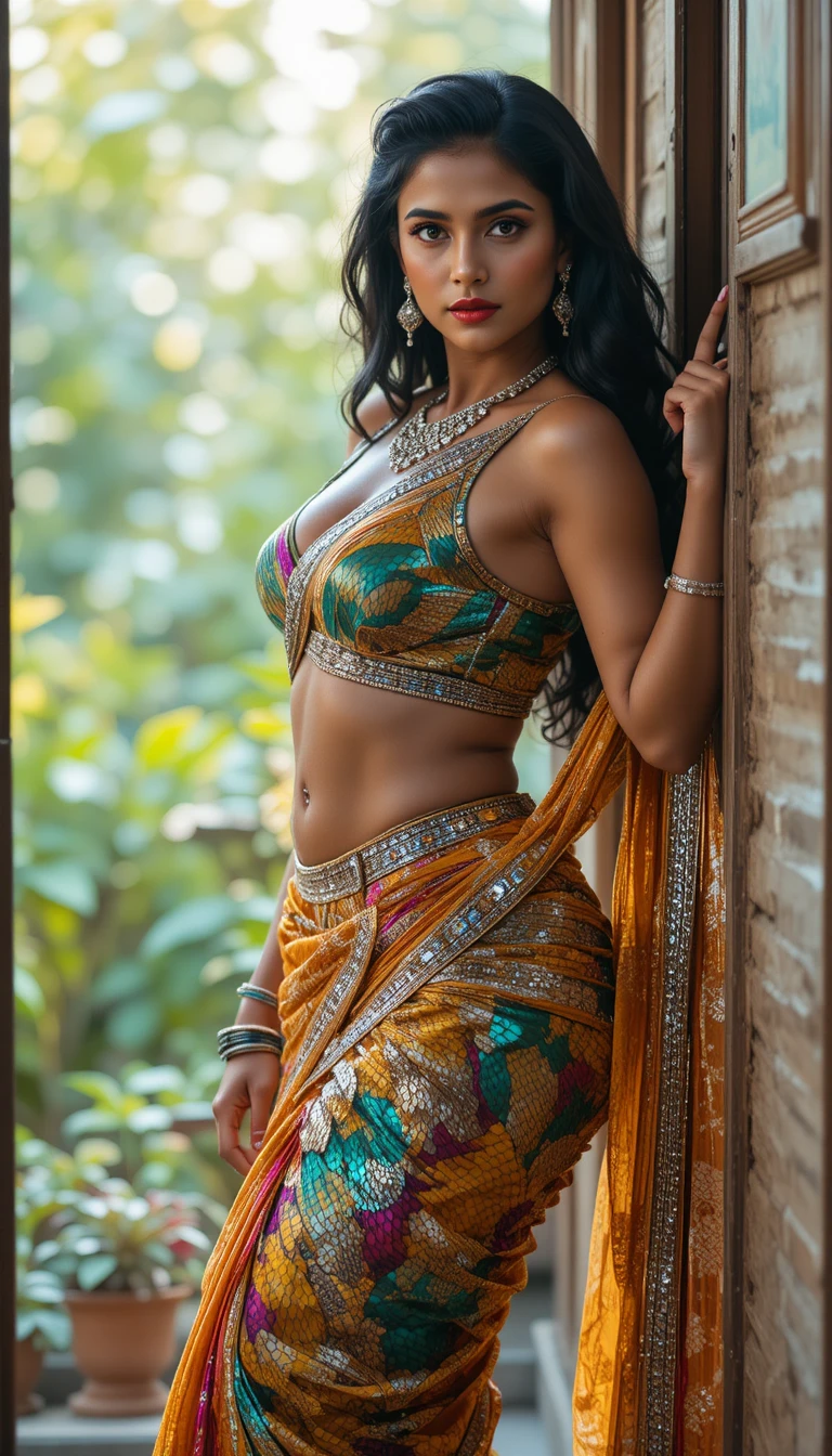 Femme tamoule en sari brillant en pose de corps entier penchée