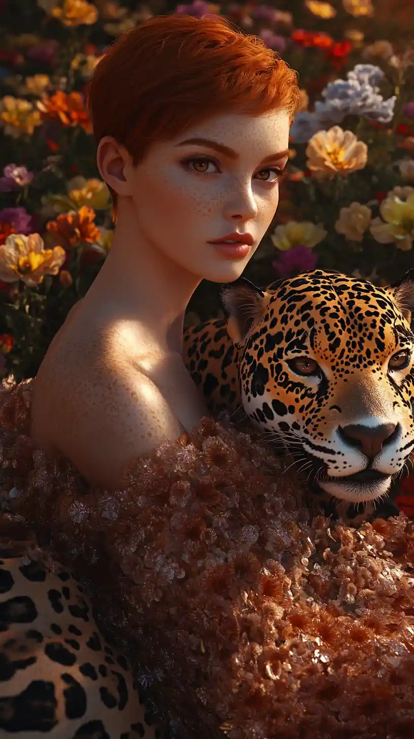 Woman with jaguar in a sunset flower field close up