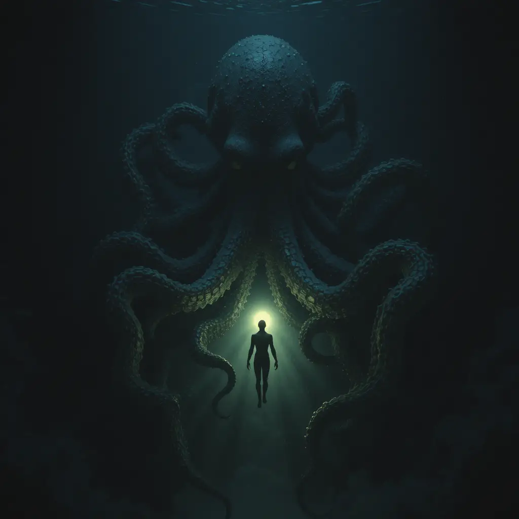 Figura humana luminosa flotando ante un colosal pulpo de las profundidades
