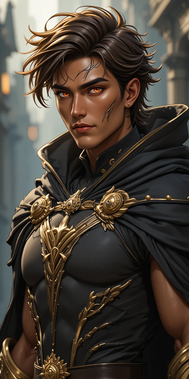 Muscular draconic hero in dark anime fantasy armor