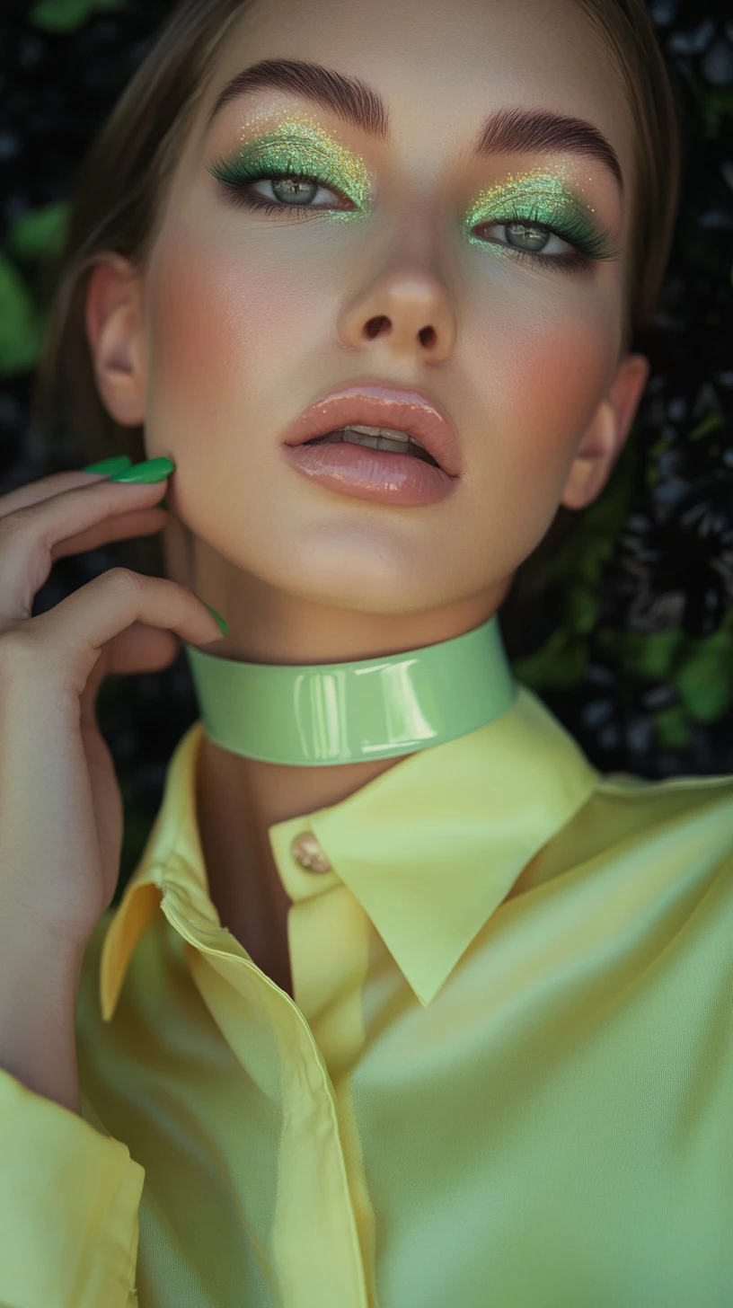 Donna in stile verde con ritratto su sfondo floreale scuro