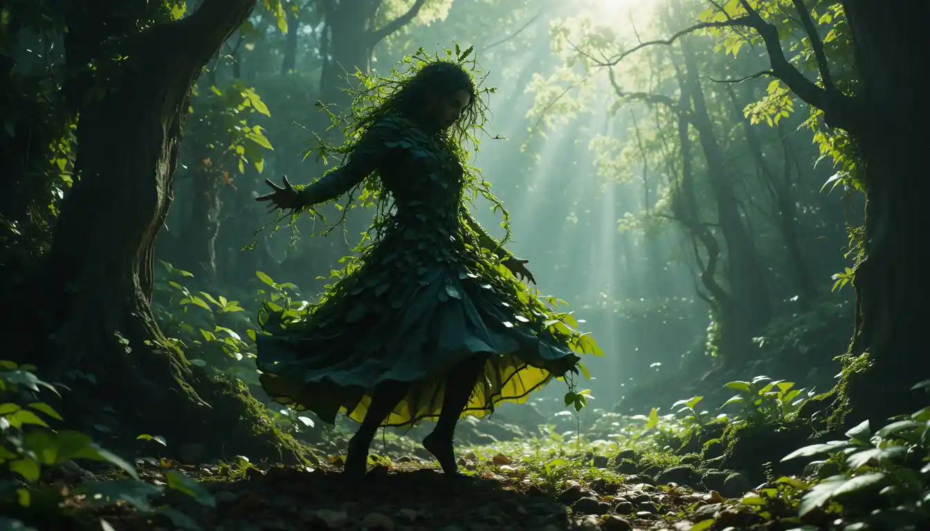 Male dancer camouflaged among leaves in a dreamlike forest