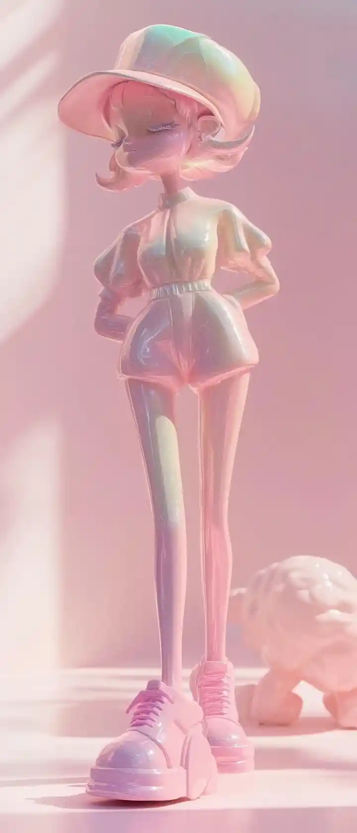 Cute metallic fairy standing in a whimsical pastel scene