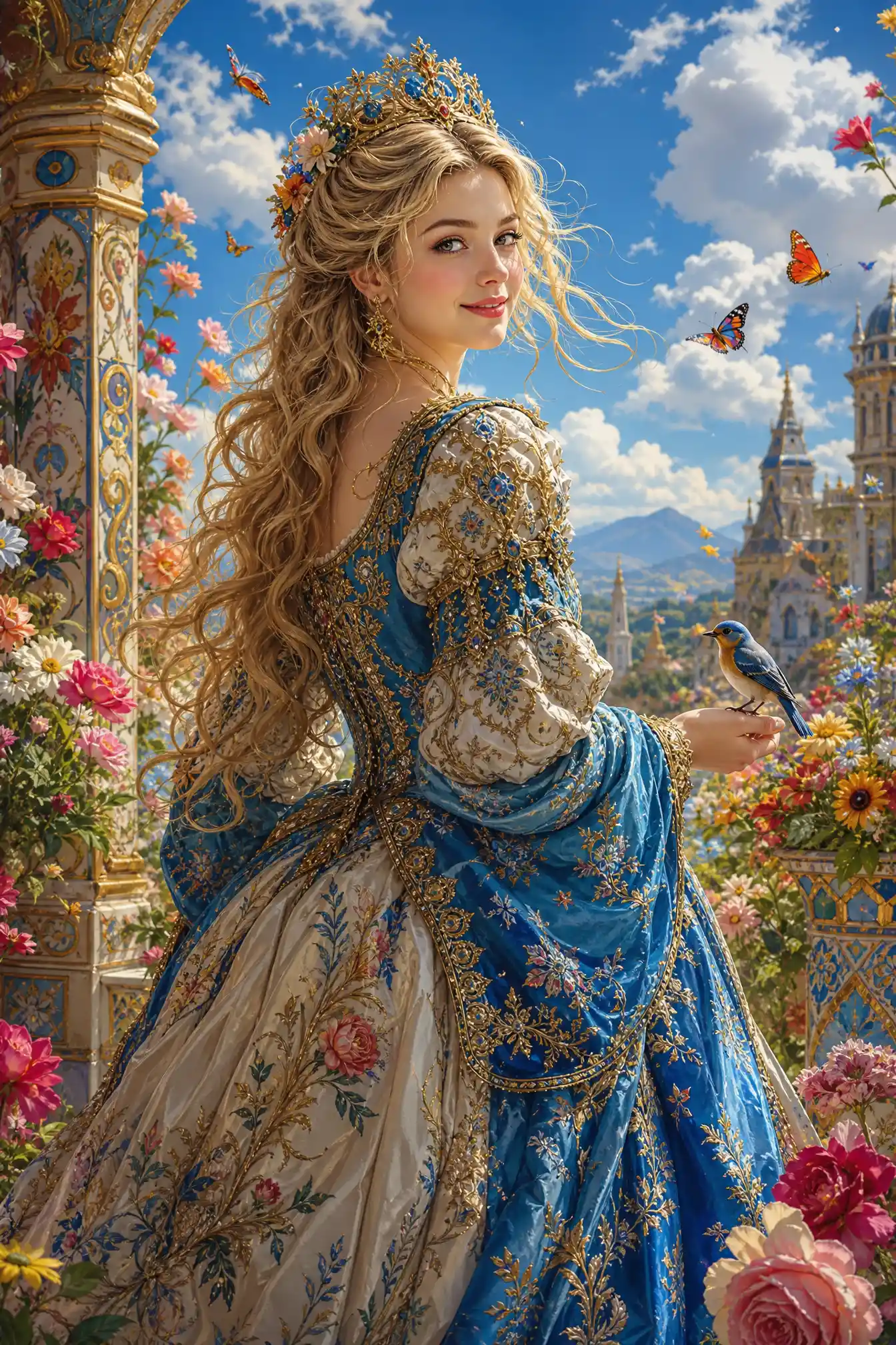 Renaissance fantasy woman in a joyful floral scene