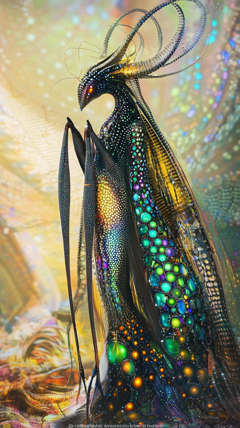 Insectoid queen on a throne in a dissolving dotted chamber