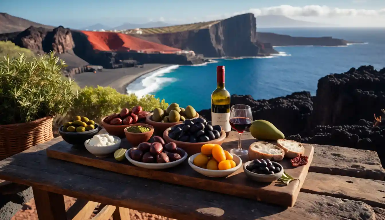 Canarian feast on rustic table with wine and volcanic view