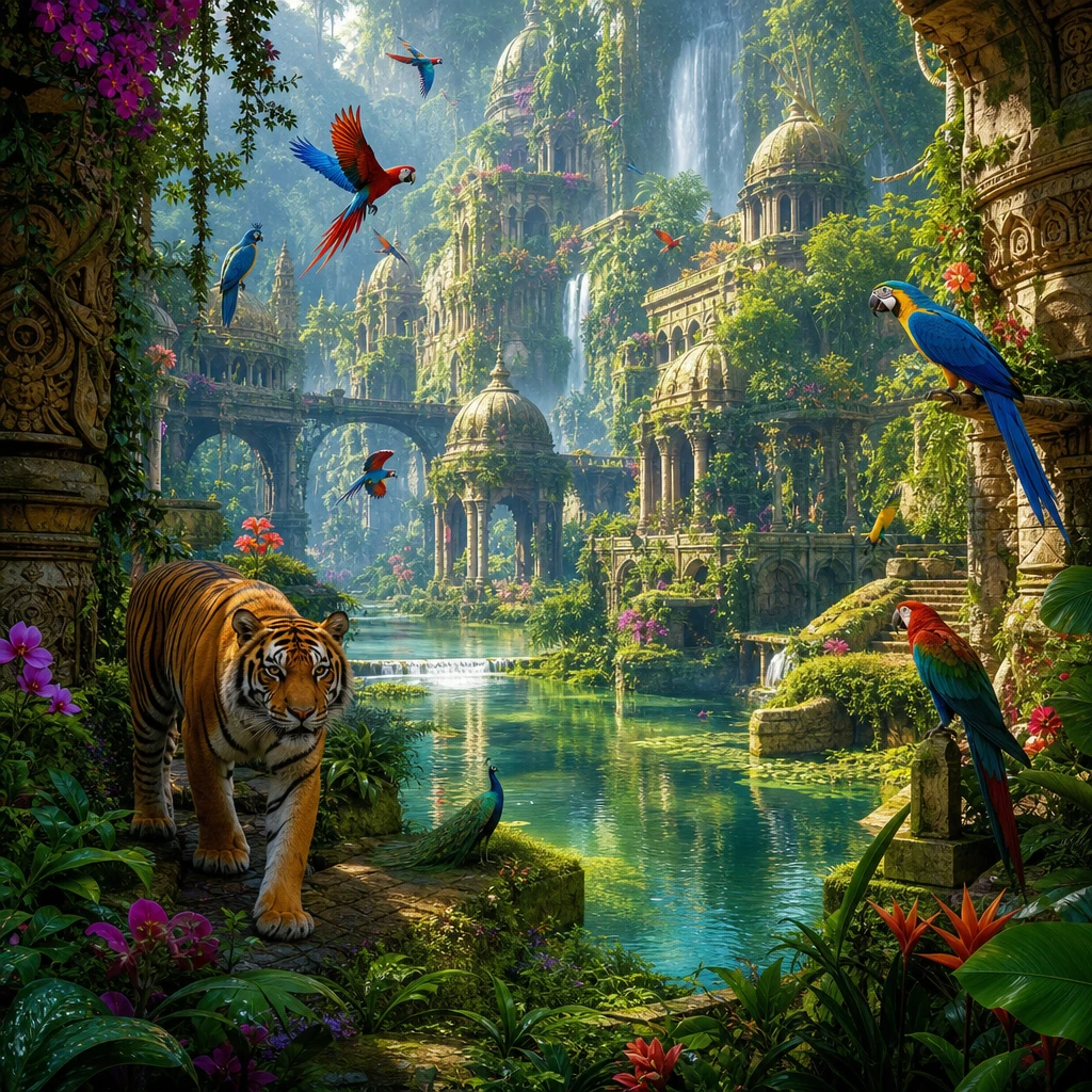 Majestic tiger roaming through an overgrown ancient metropolis
