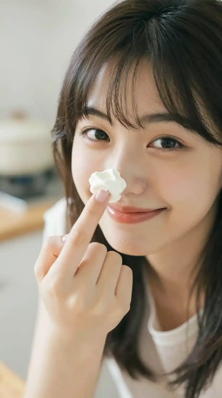 Playful close up of young woman in cozy kitchen