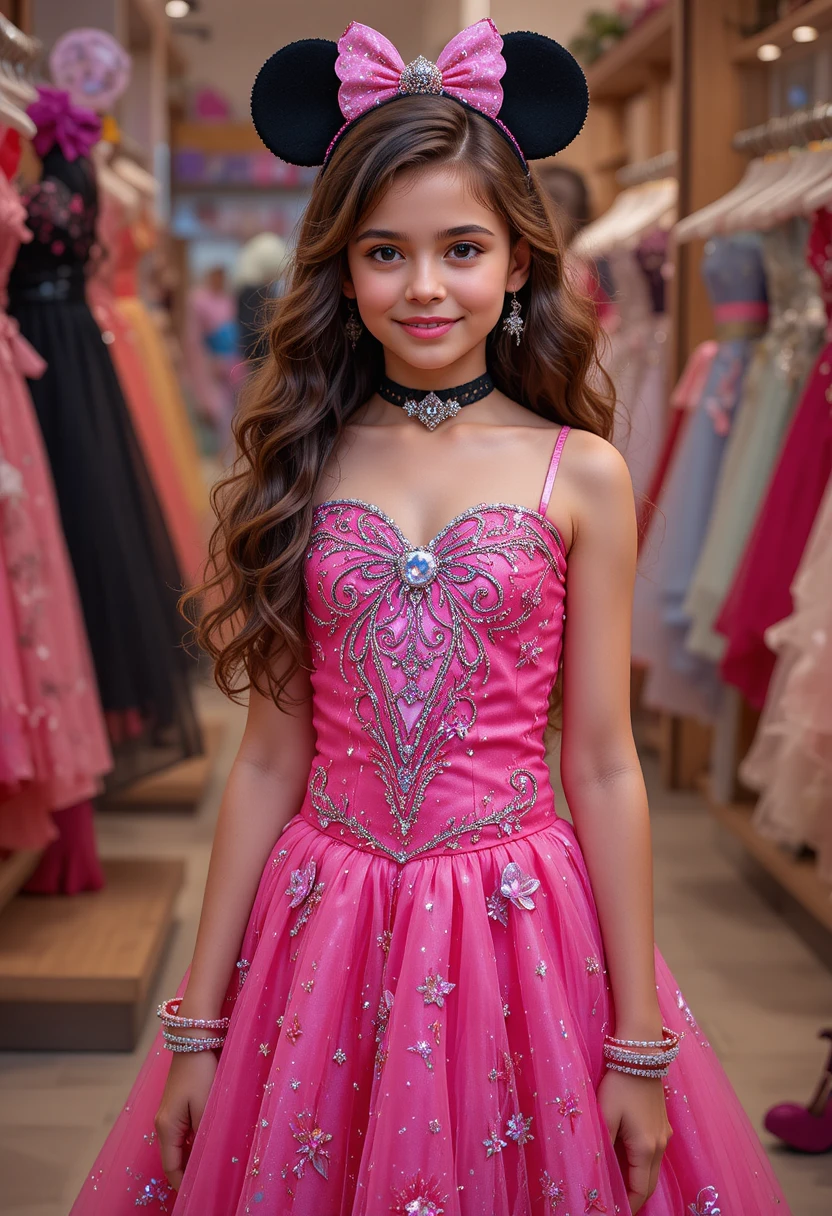 Young princess in pink Minnie dress at boutique