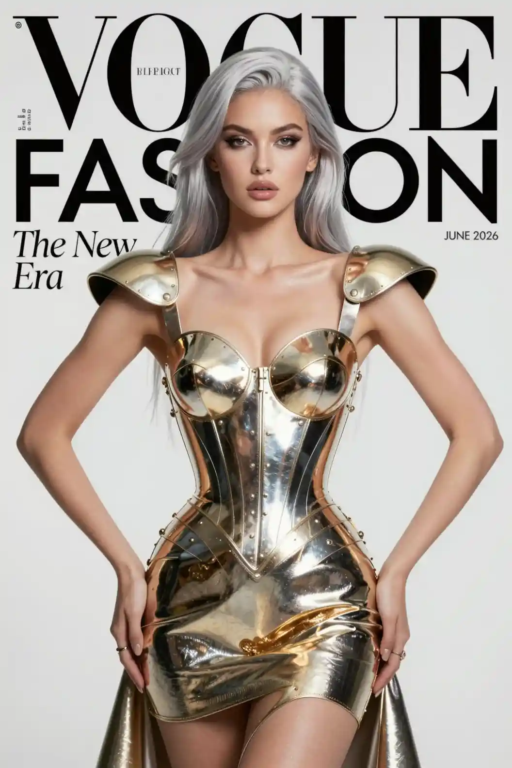 Silver haired fashion model in metallic armor dress