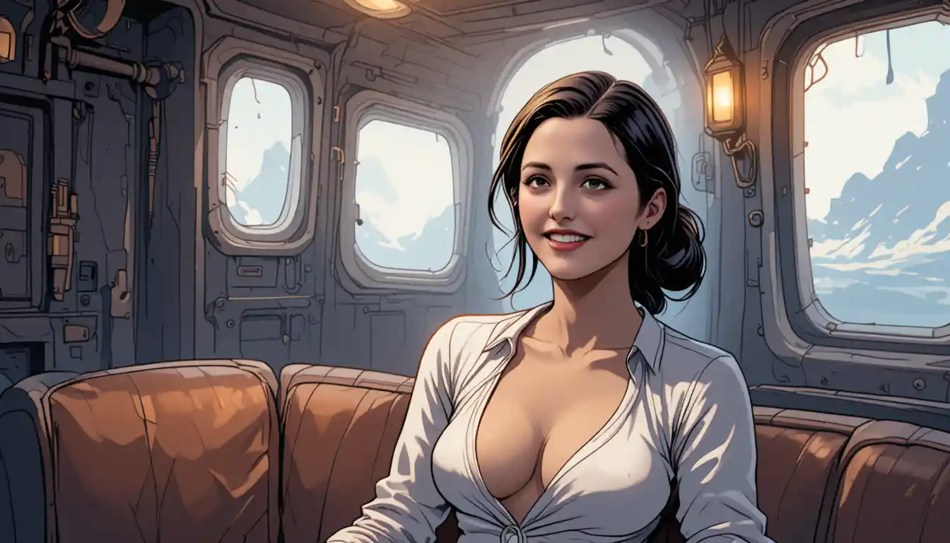 Smiling young woman chatting in a cozy cabin interior
