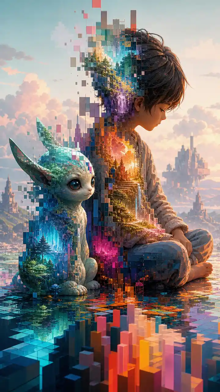 Mystical Creature And Child Dissolving Into Pixel Geometry