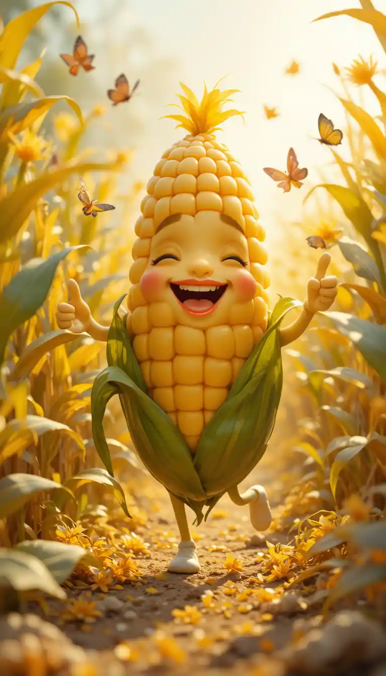 Cute Corn Mascot Playing In A Sunny Golden Cornfield