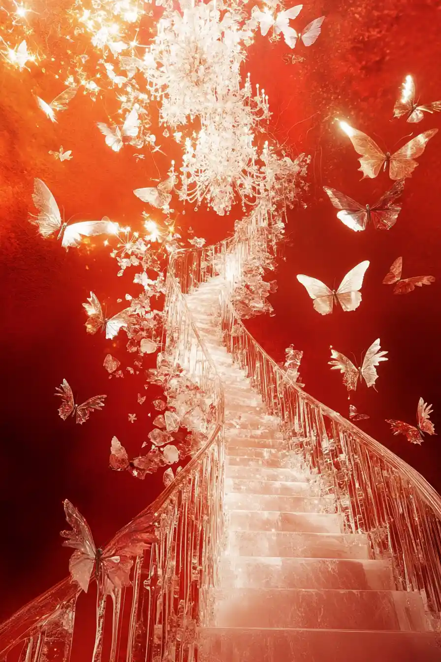 Iridescent ice staircase with butterflies on red background