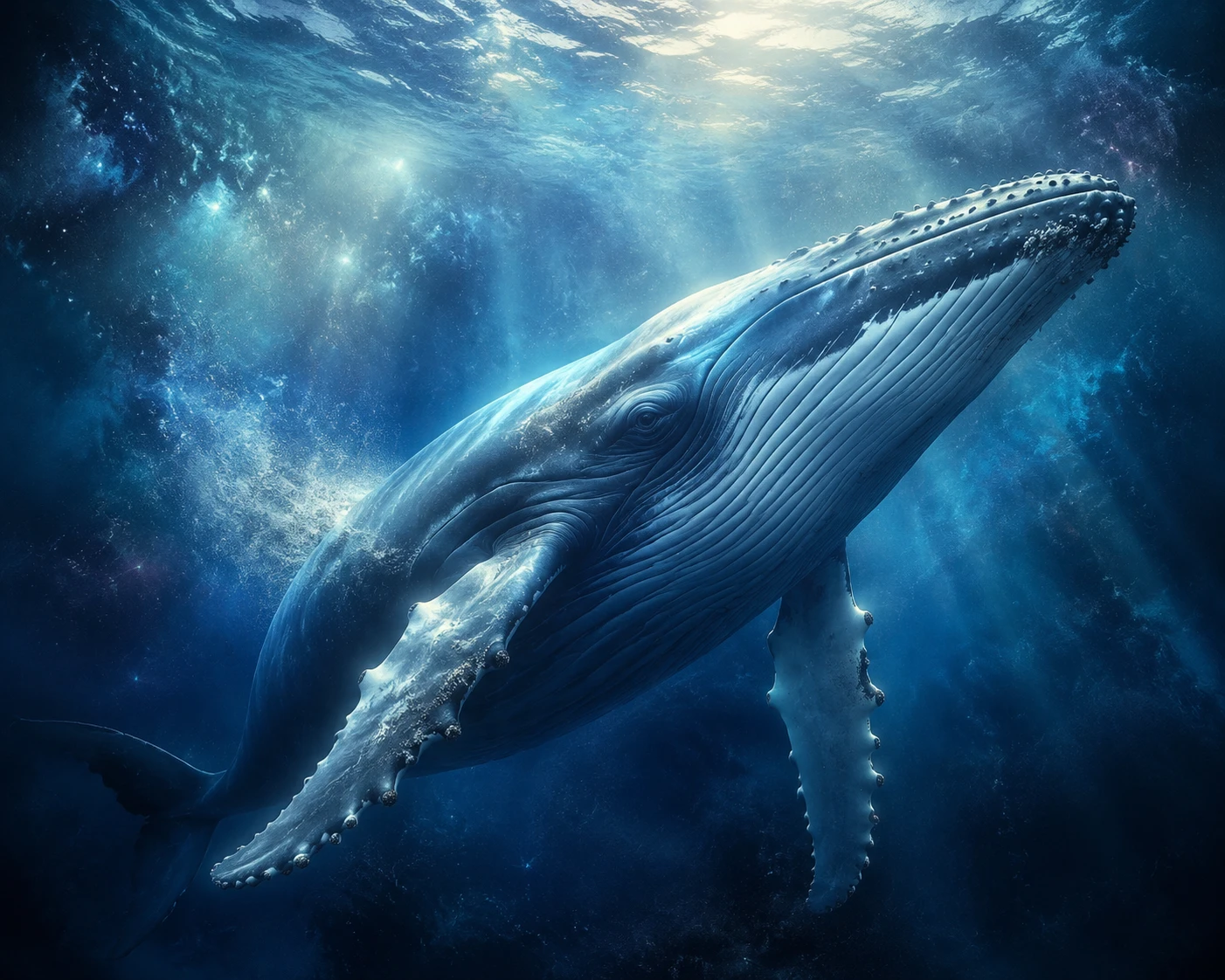 Humpback whale gliding through deep ocean in soft light