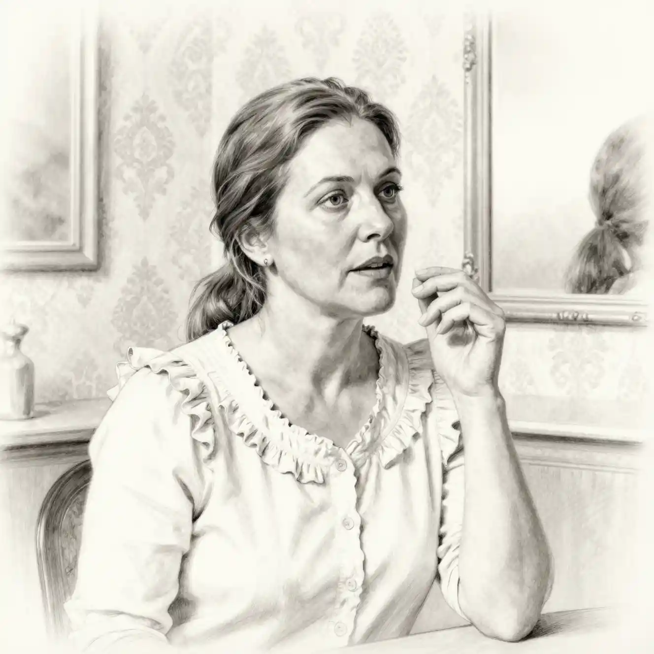 Middle aged woman chatting in a cozy beige interior