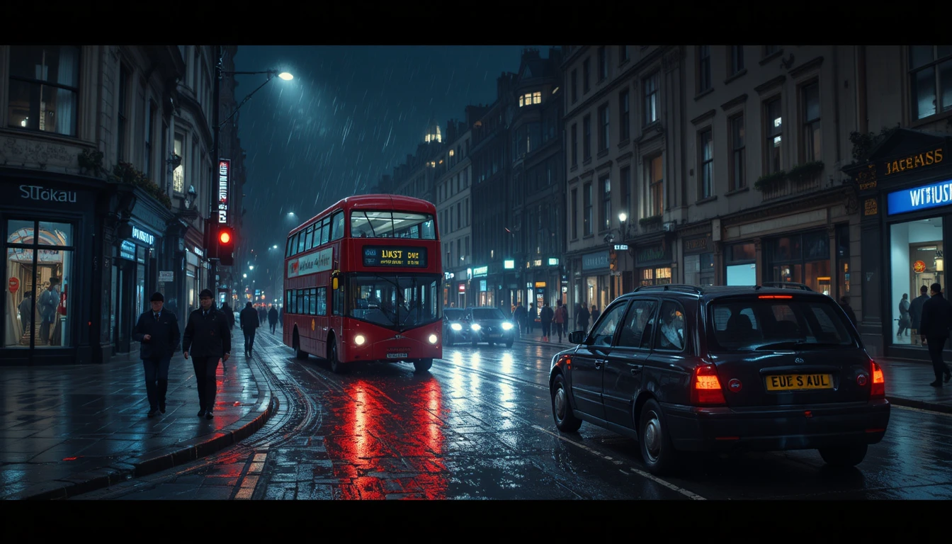 Dark Rainy London Street With Bus And Taxi At Night