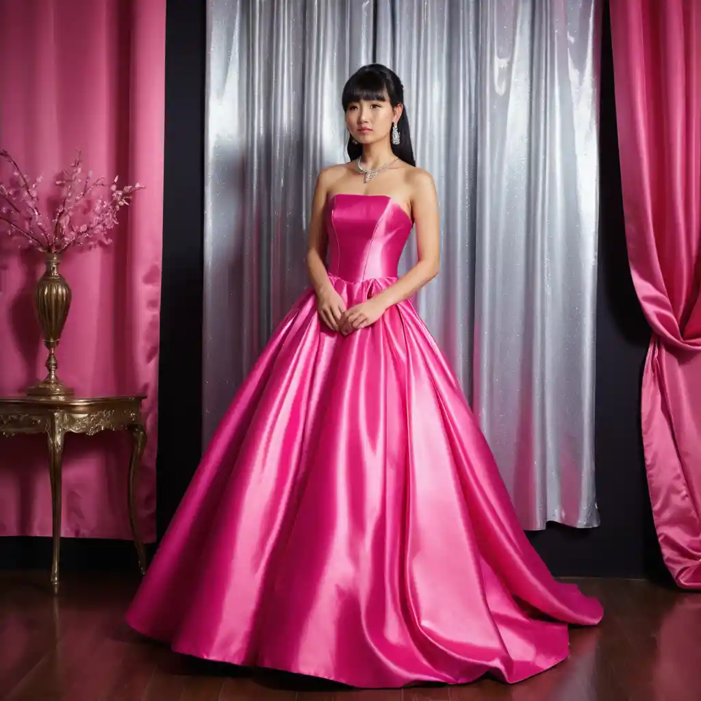 Elegant Japanese girl in hot pink satin ballgown