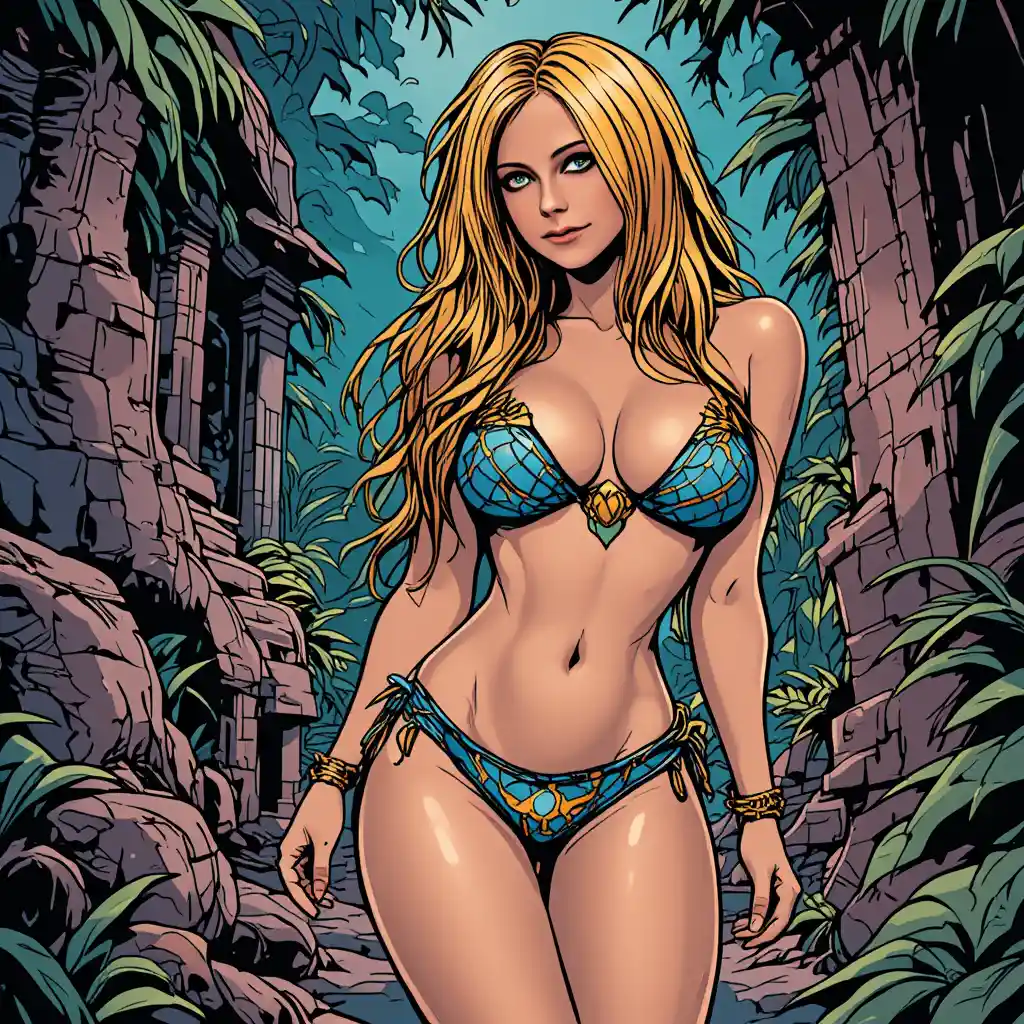 Playful Amazon warrior in a micro bikini at jungle ruins