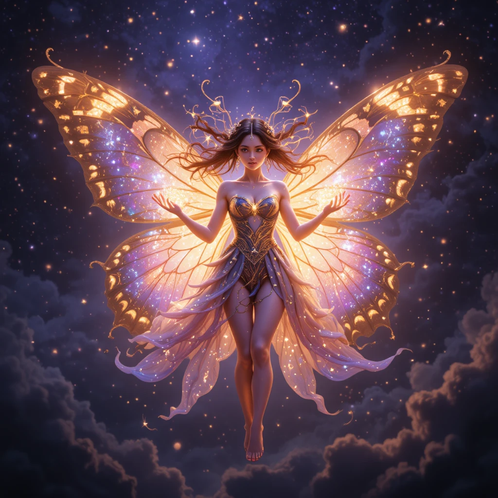 Cosmic fairy weaving stardust under a glowing night sky