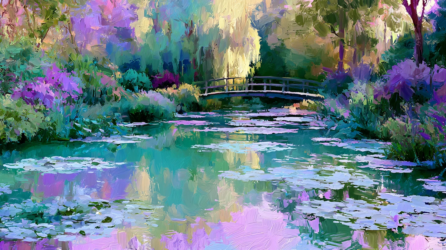 Impressionist garden pond with bridge in golden hour light