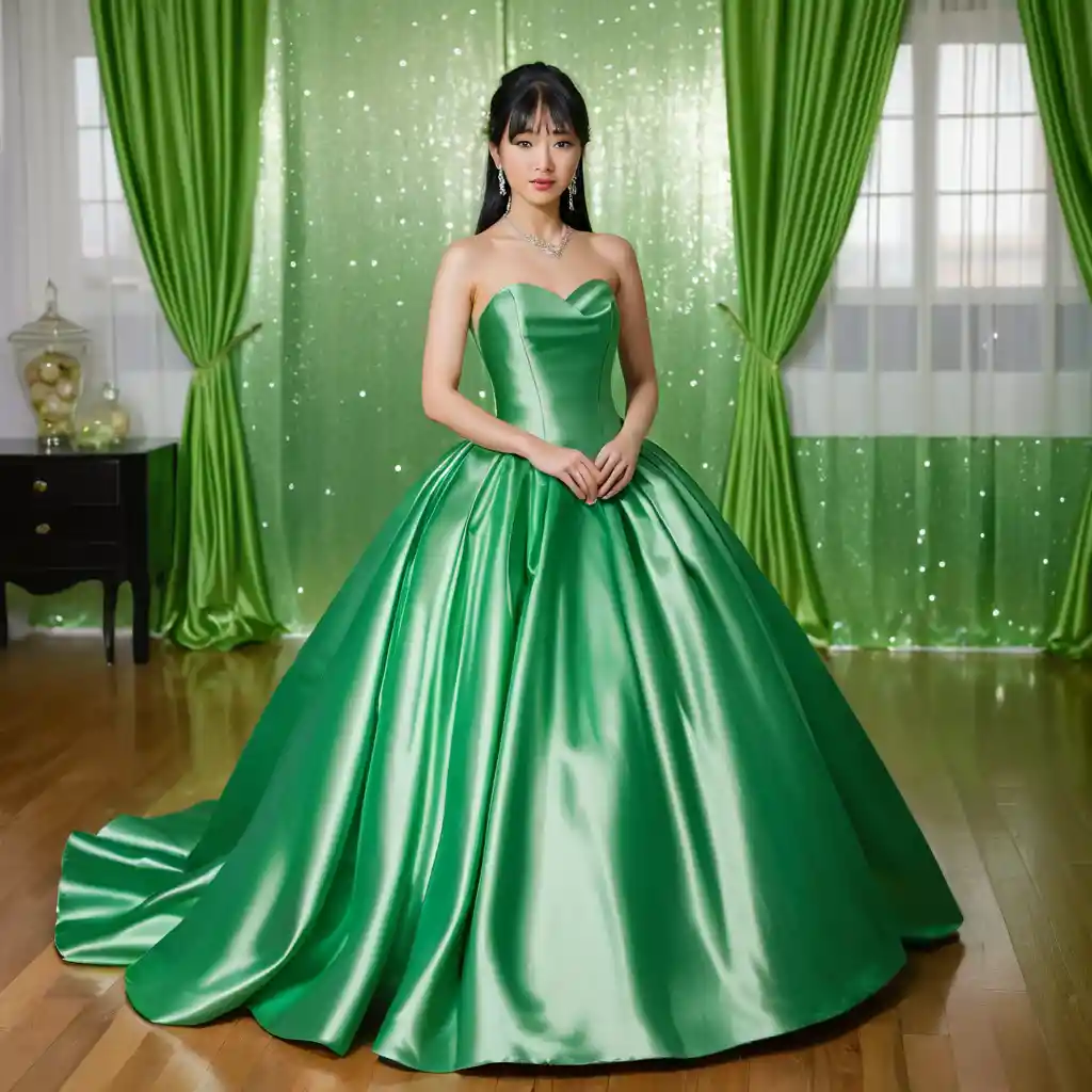 Elegant Japanese woman in bright green satin ball gown