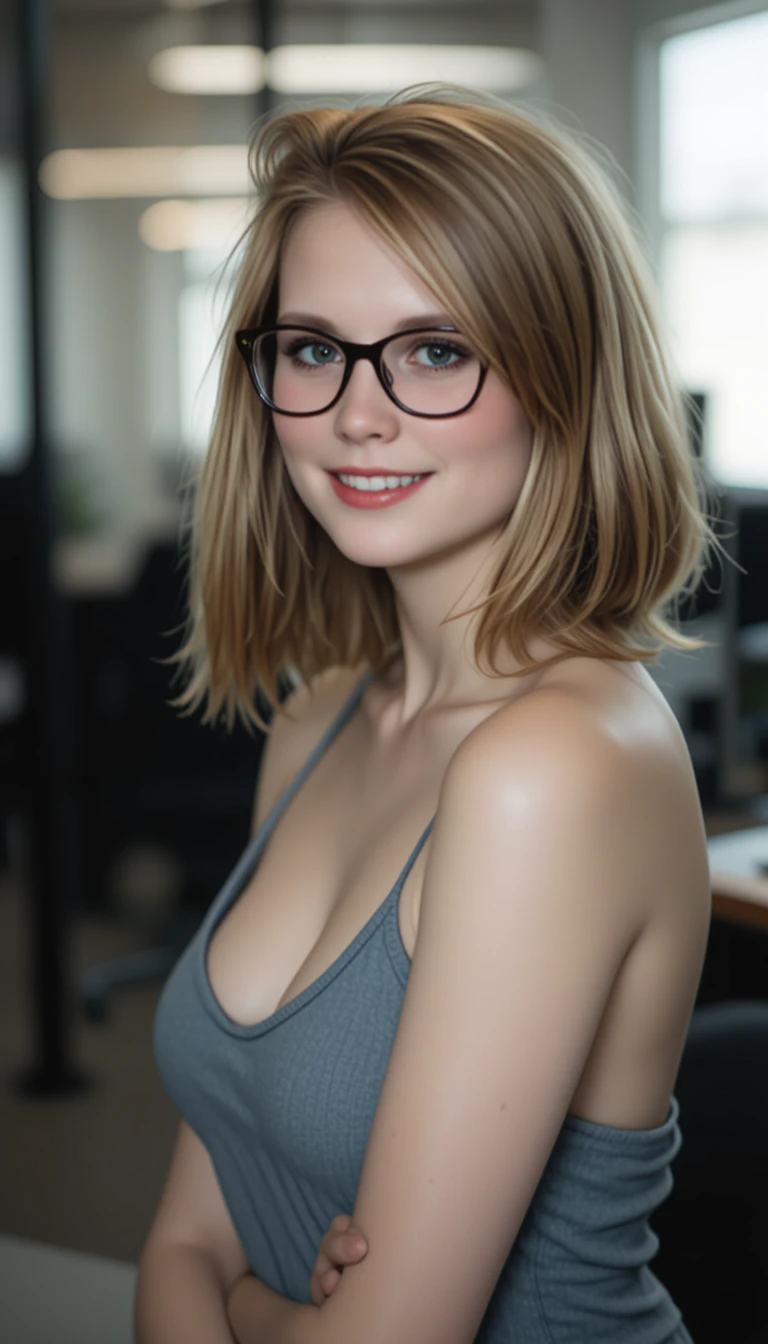 Smiling blonde woman in loose tank top in office