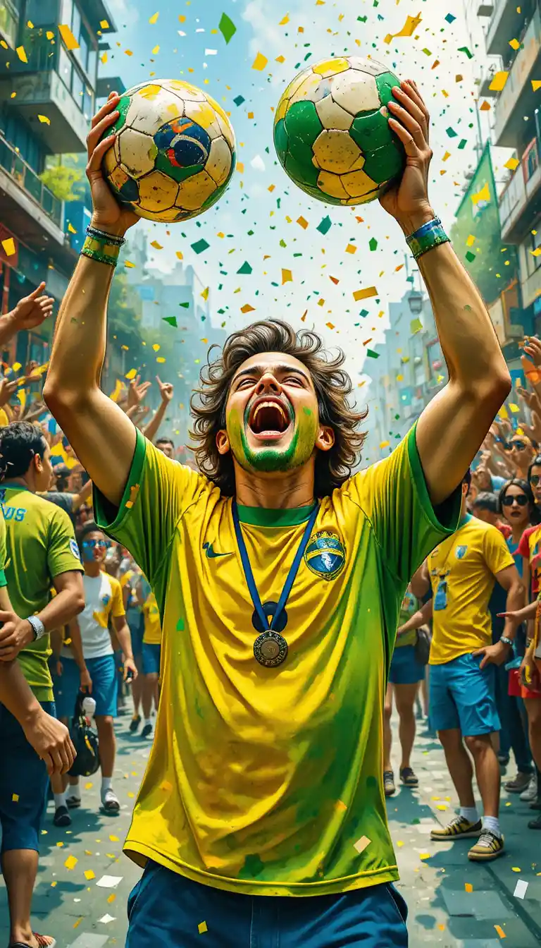 Brazilian soccer fan cheering in vibrant carnival street scene