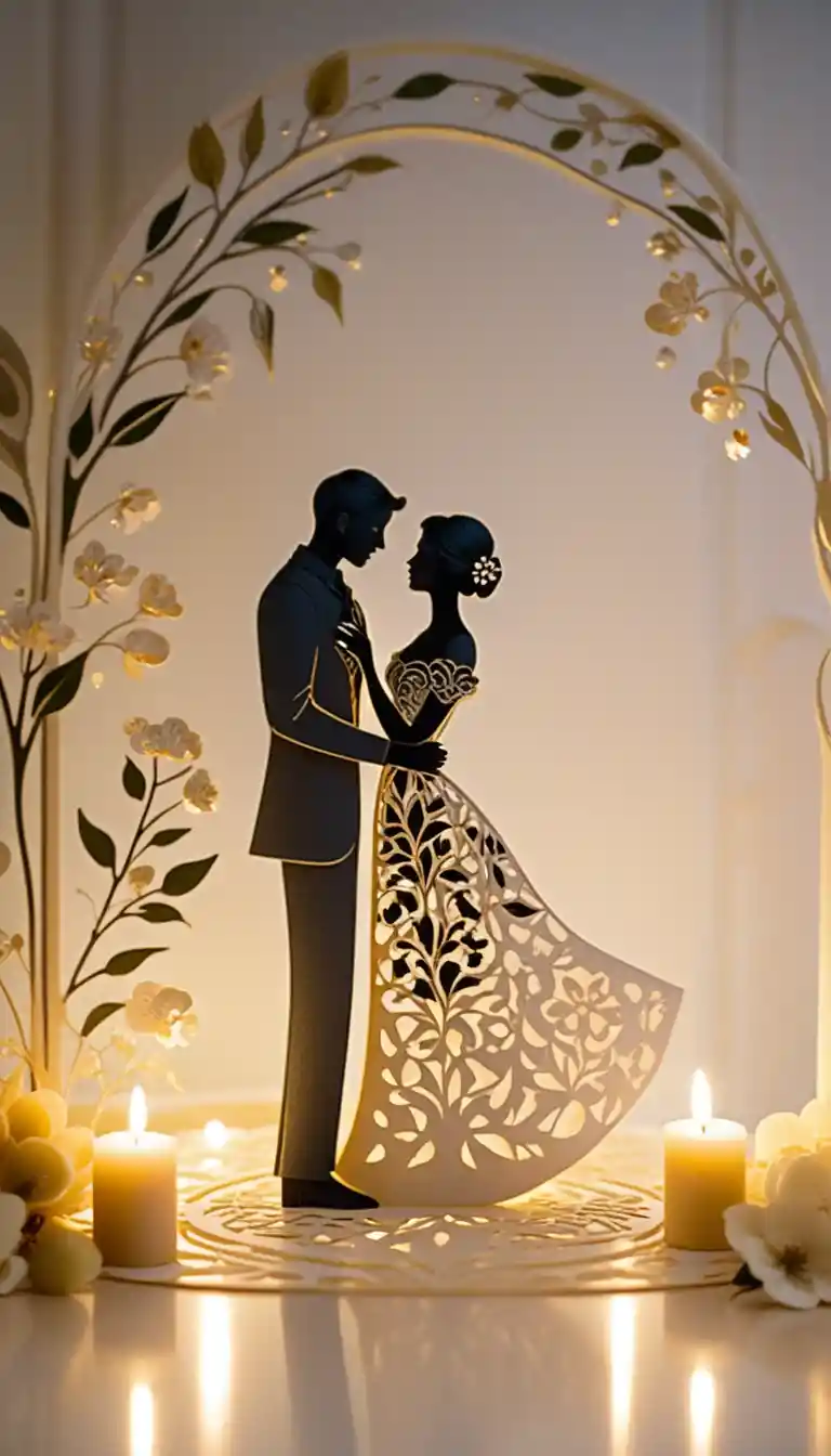 Paper silhouette couple waltzing amid flowers by candlelight