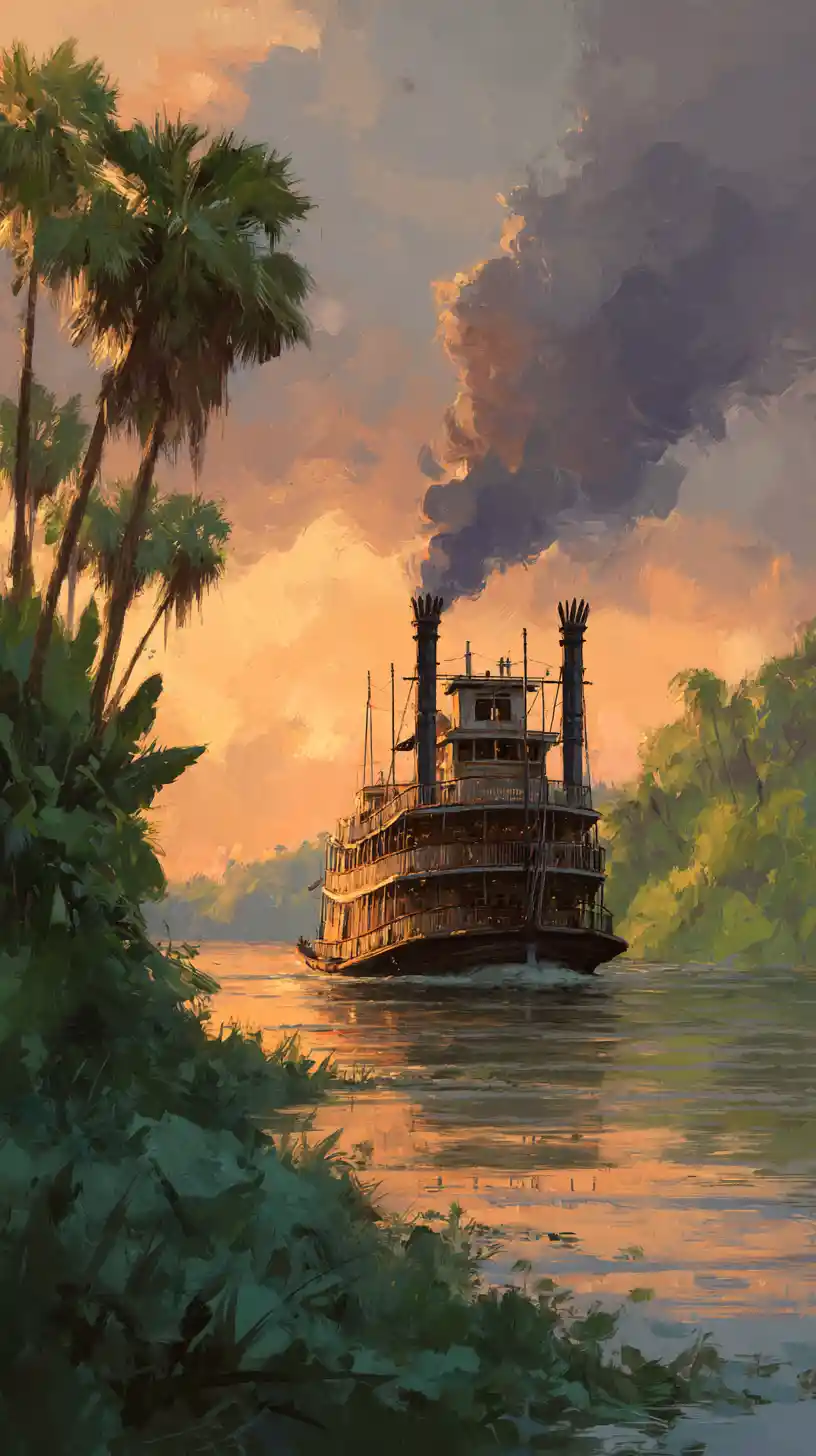 Majestic steamboat on a jungle river at sunset