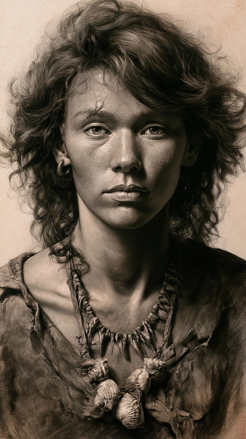 Portrait of a strong jawed cro magnom woman with necklace