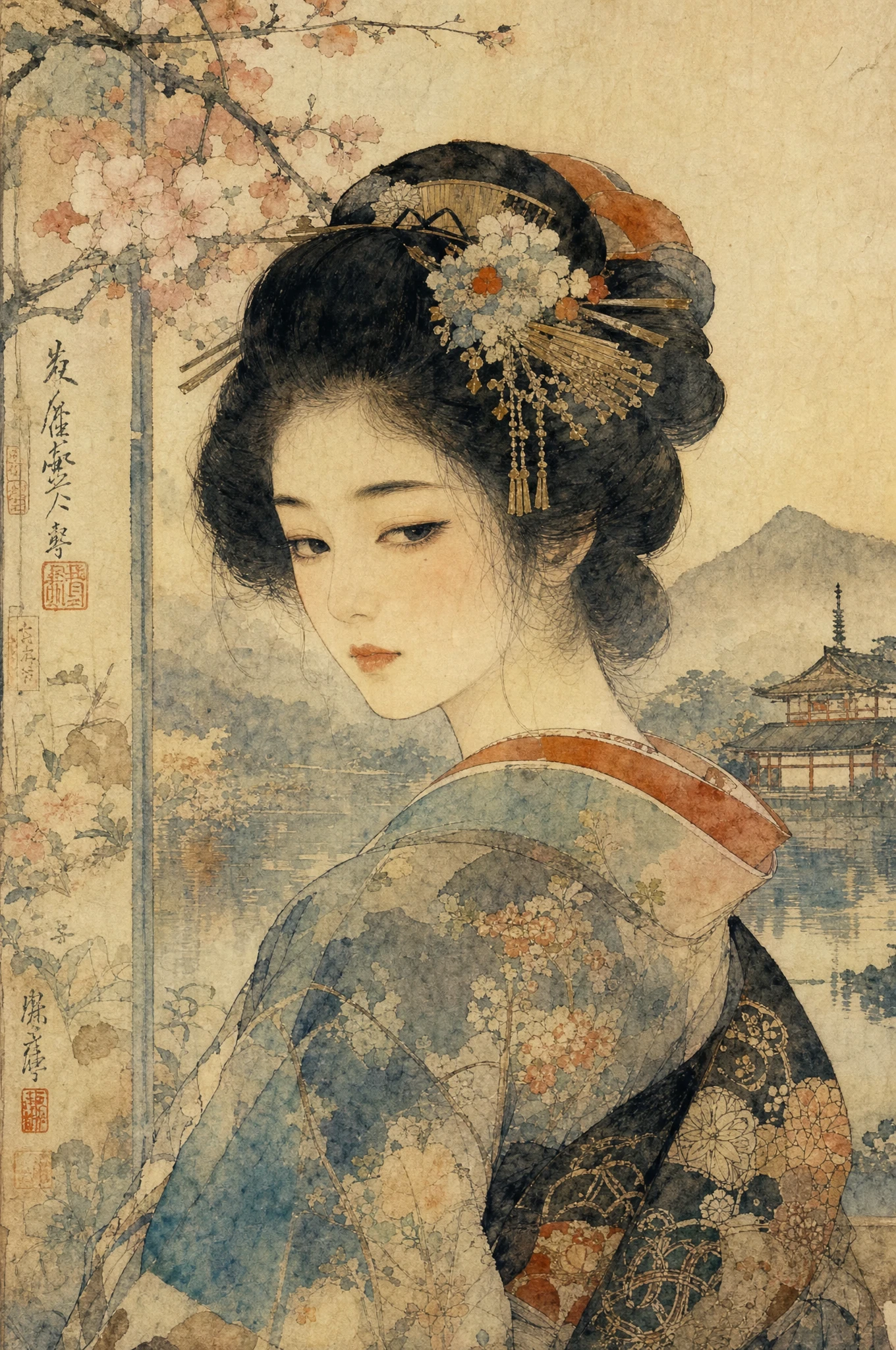 Antique Japanese woman in soft watercolor woodblock style