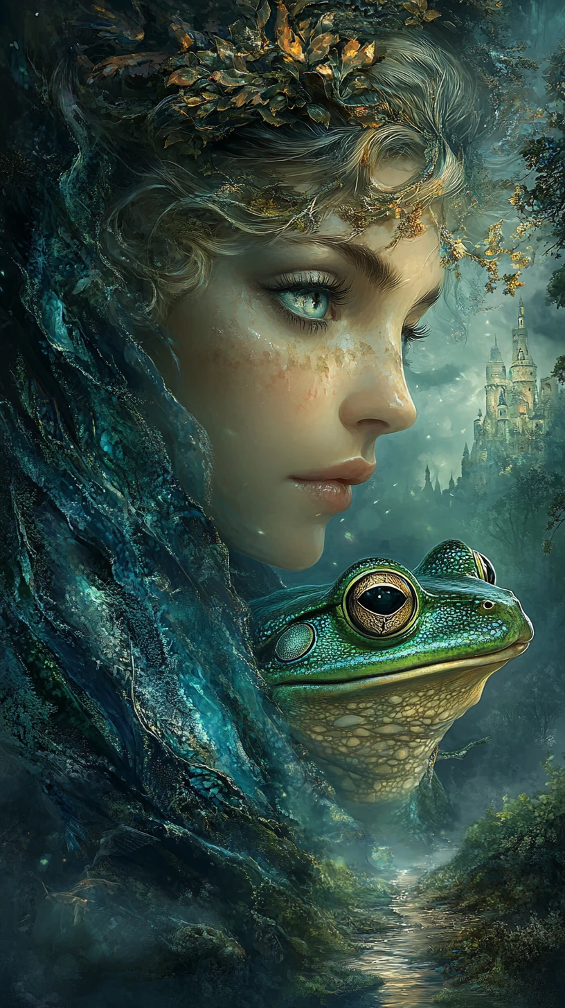 Woman And Frog Prince Merged In Enchanted Fairytale Landscape