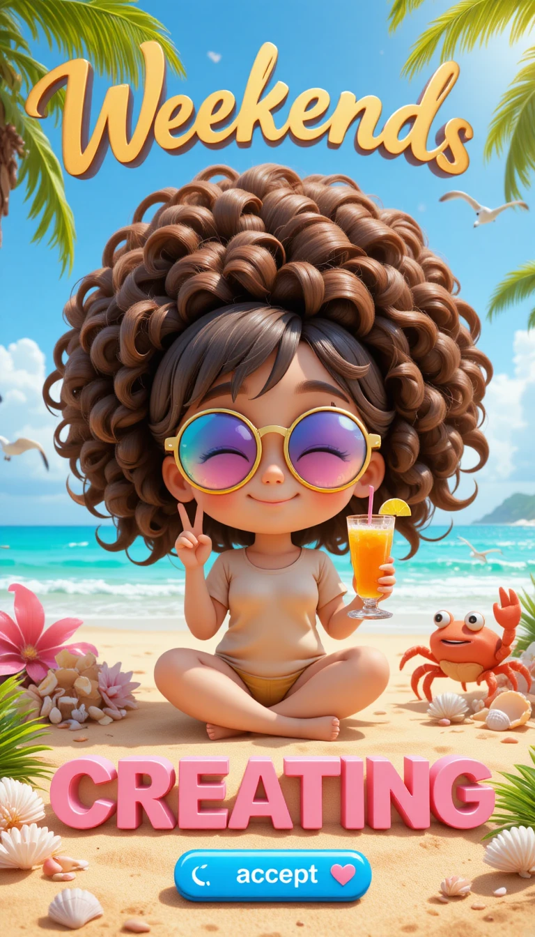 Chibi girl relaxing on a sunny tropical beach weekend