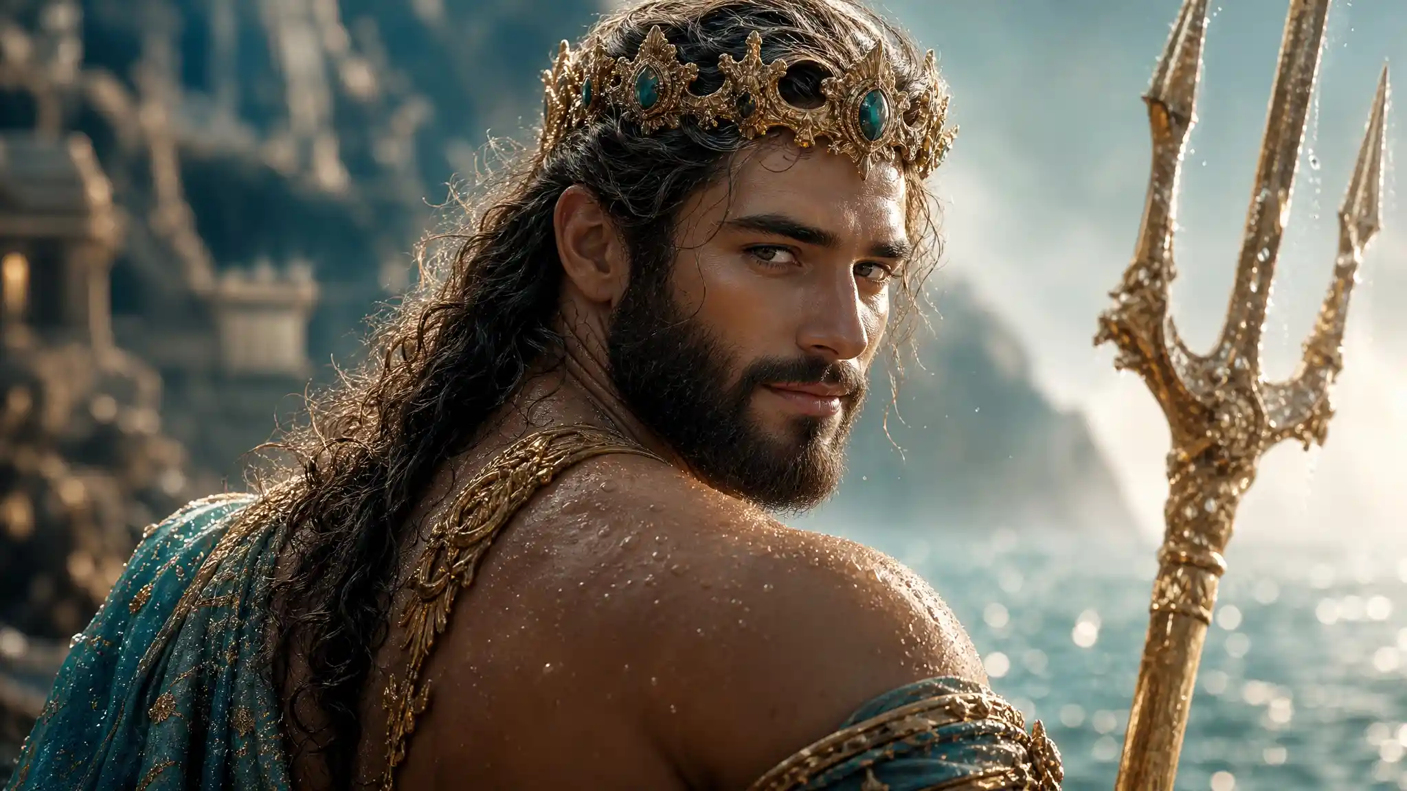 Sea god turning in a serene cinematic close up portrait