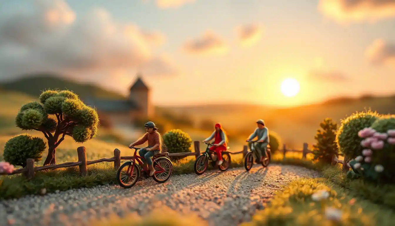 Needle felted cyclists touring a countryside in miniature scene