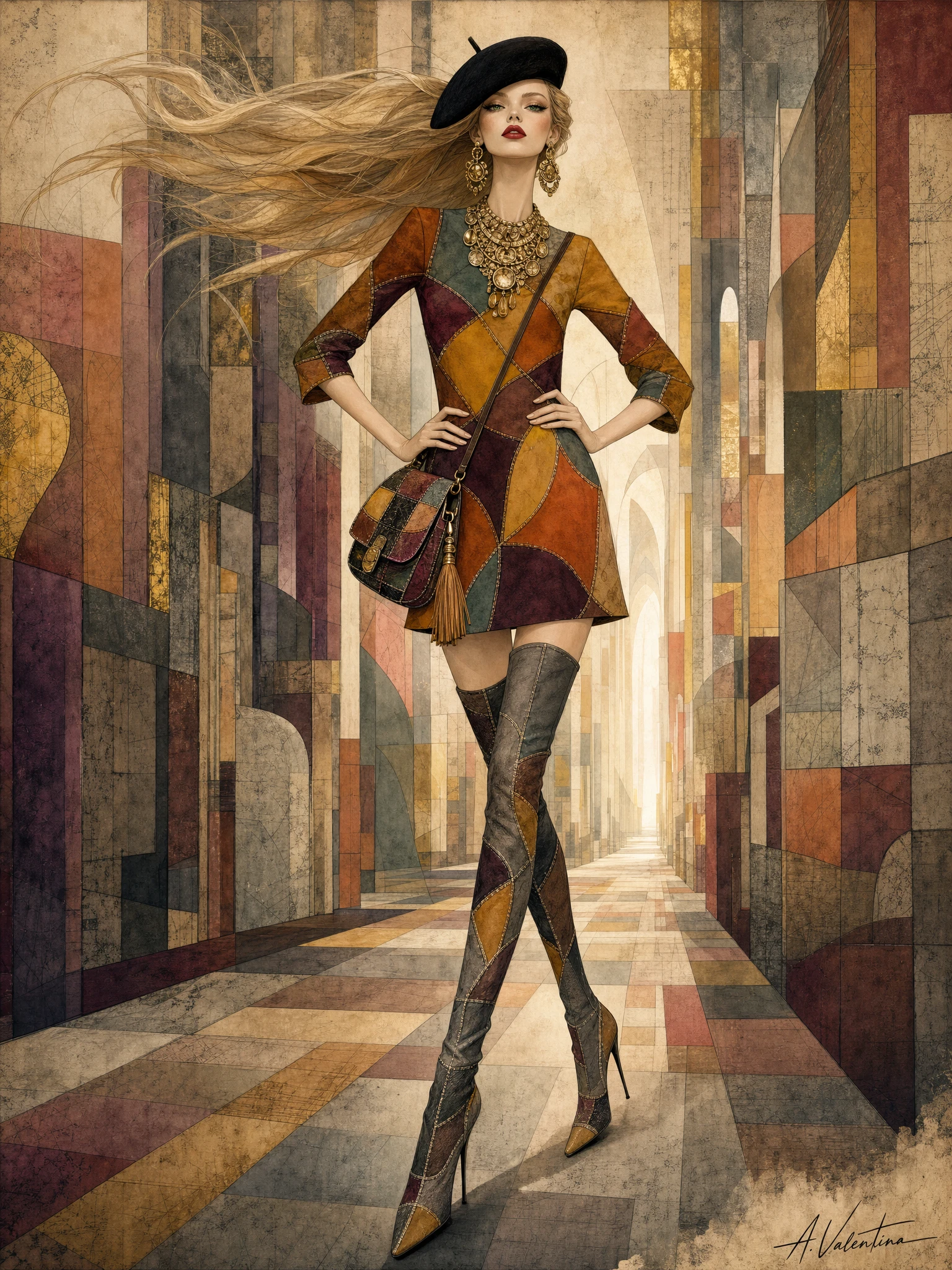 Surreal fashion woman in art deco corridor illustration
