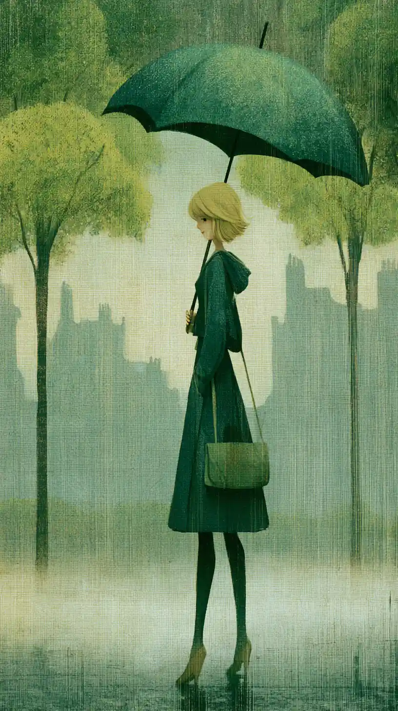 Blonde woman in raincoat walking through a rainy city street