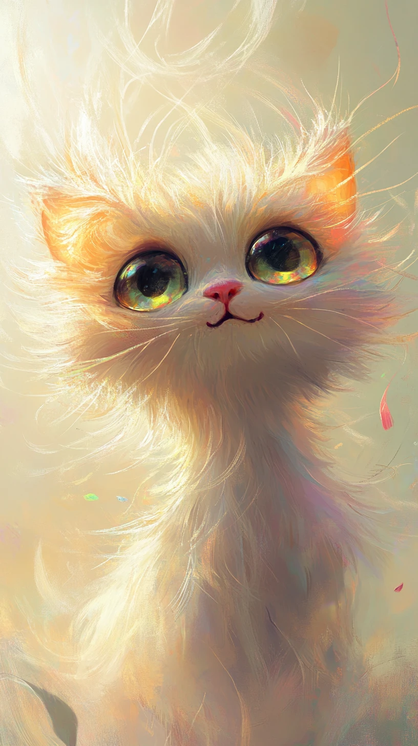 Whimsical close up cat with sparkling eyes and grin