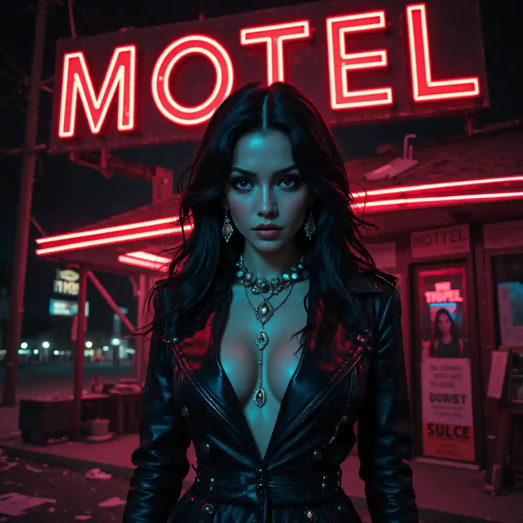 Neon lit femme fatale at a lonely roadside motel