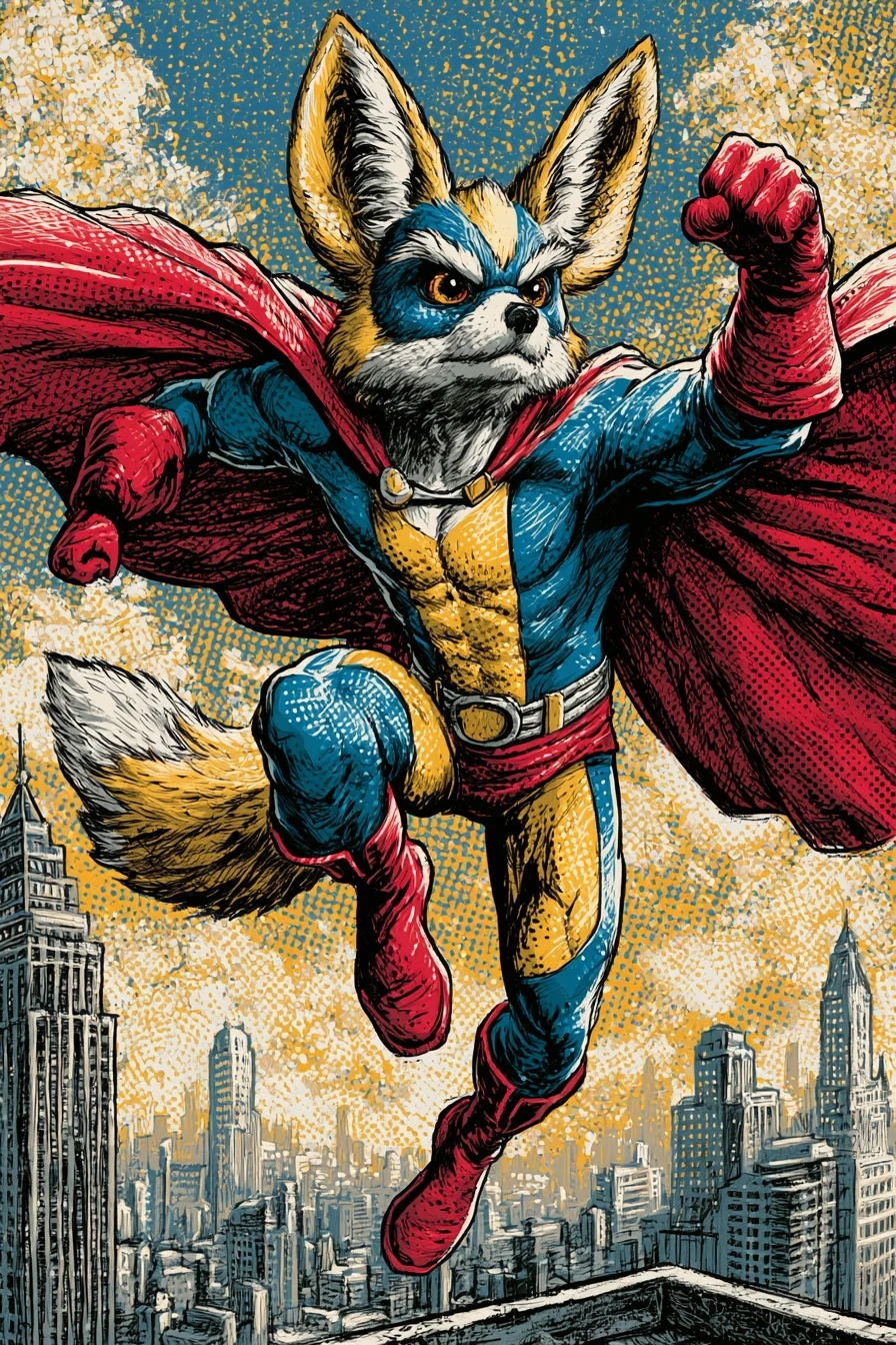 Superhero fennec fox landing on a city rooftop