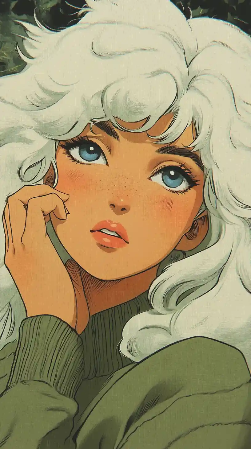 Freckled girl with cloudlike white hair in cartoon garden