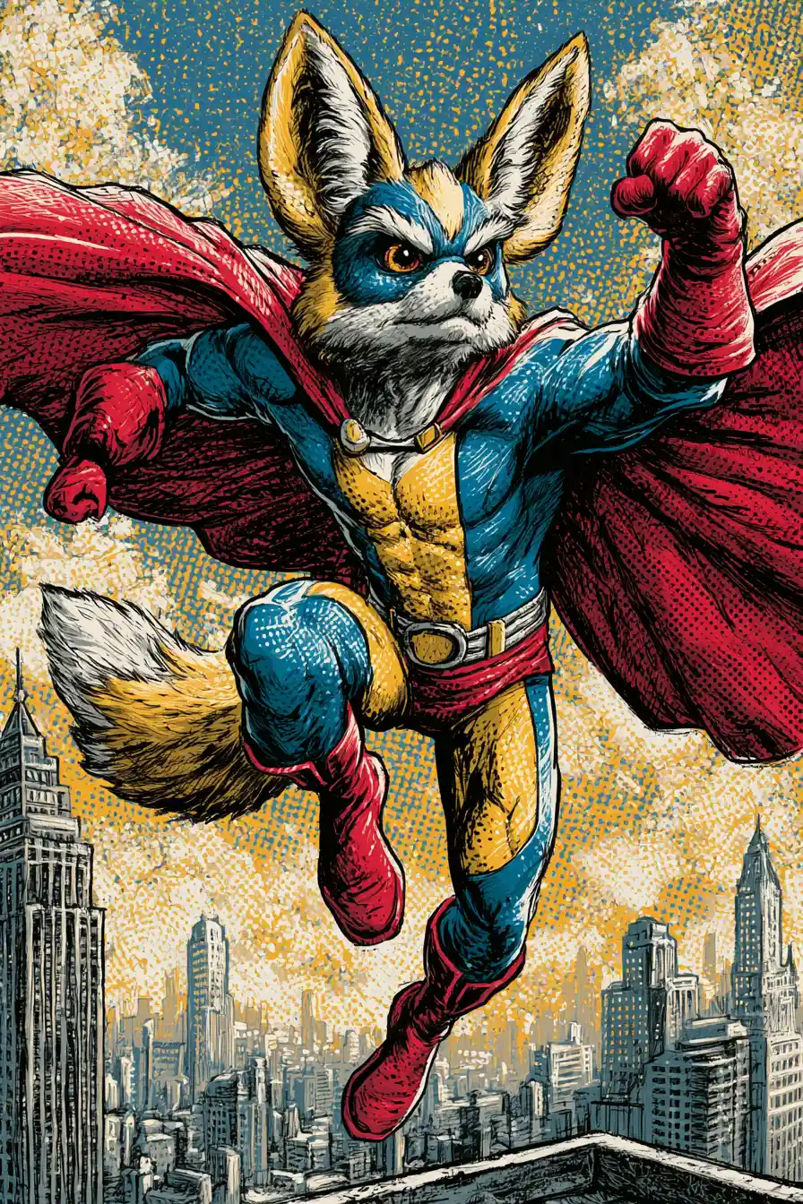 Superhero fennec fox landing on a city rooftop