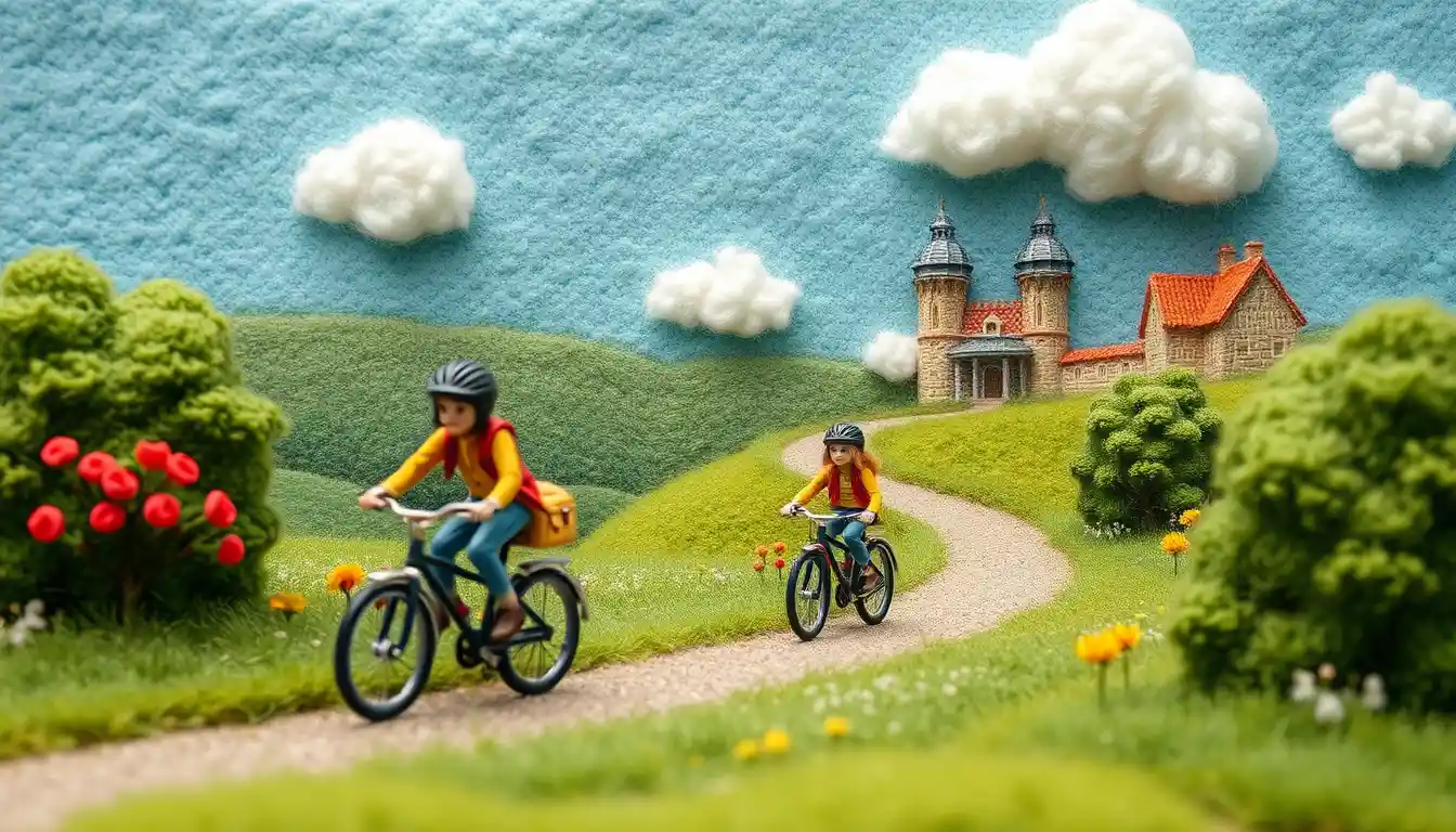 Cheerful 3D cyclists touring through a plush countryside