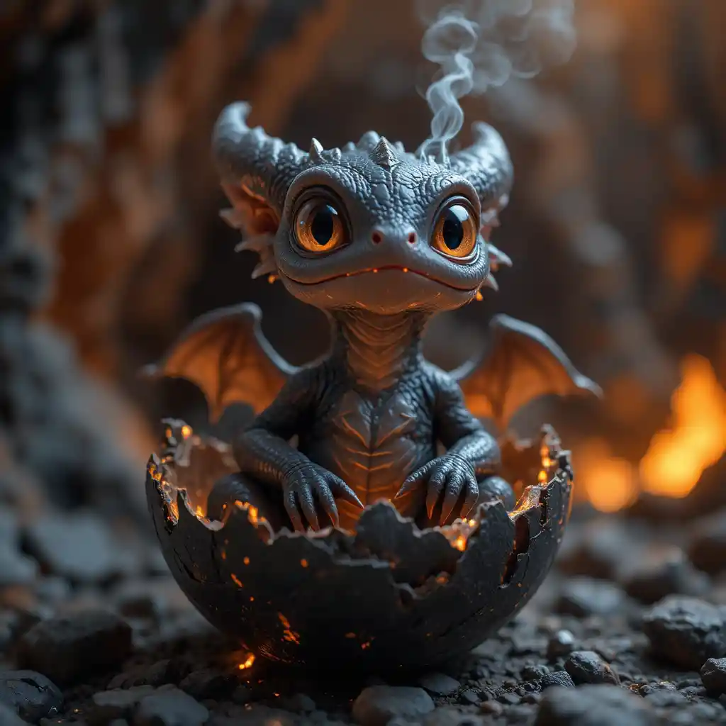 Baby dragon hatching from obsidian egg in lava cave