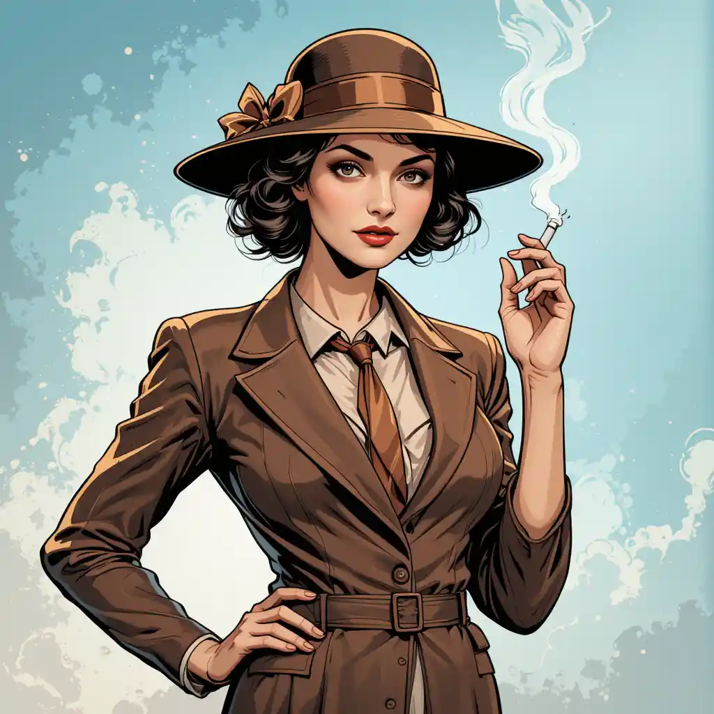 Vintage flapper woman in brown suit with cigarette