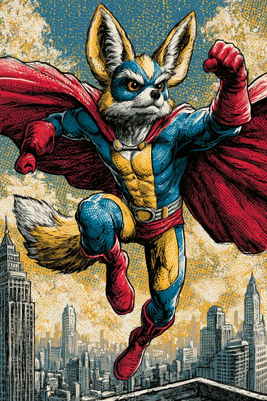 Superhero fennec fox landing on a city rooftop