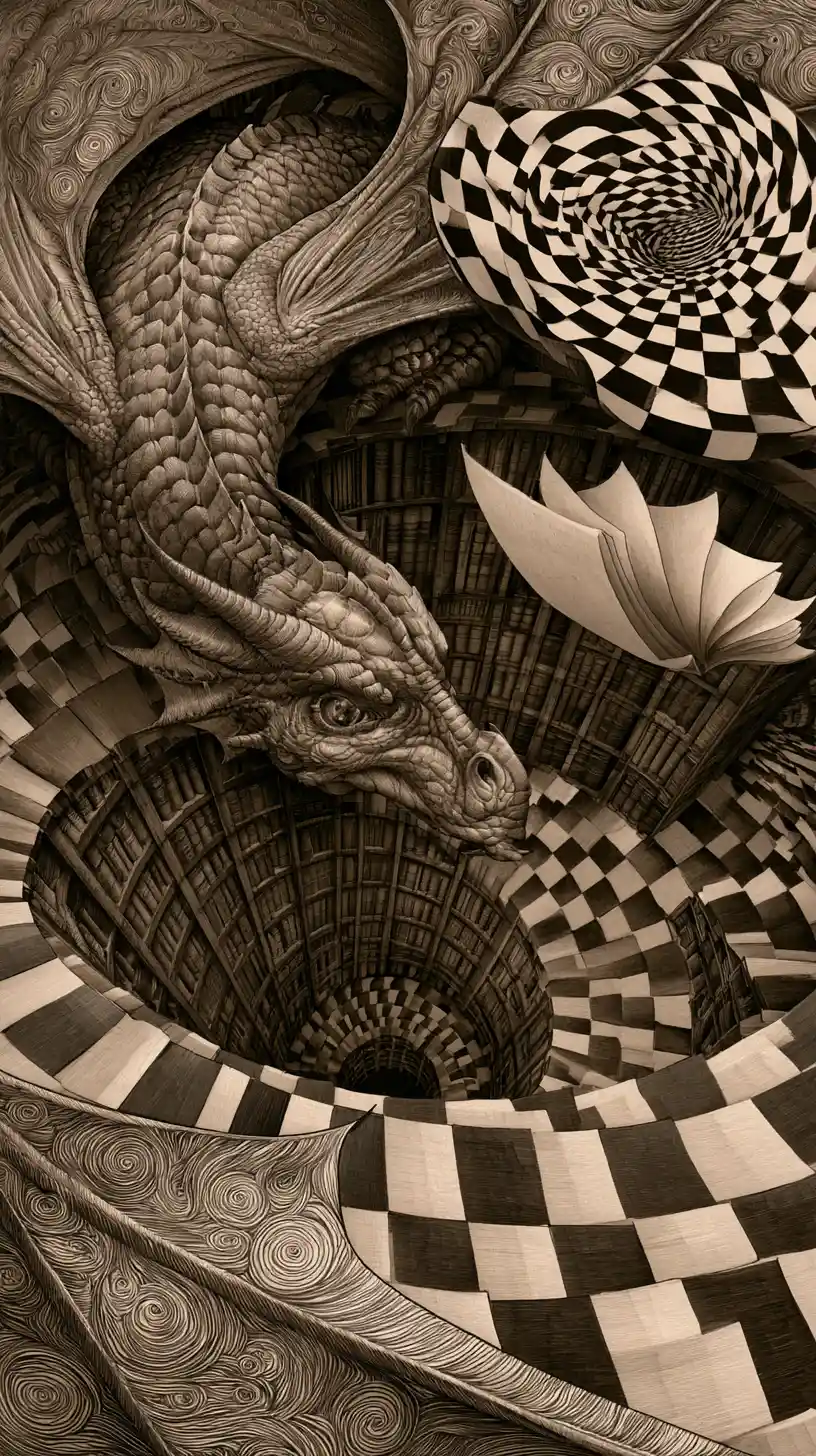 Ancient dragon coiled around an endless swirling library