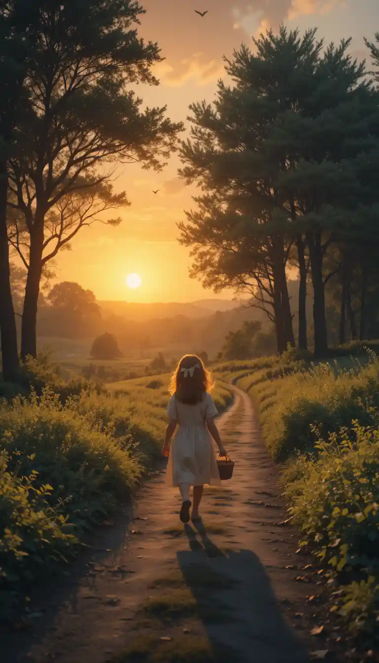 Young girl walking along a forest path at sunset
